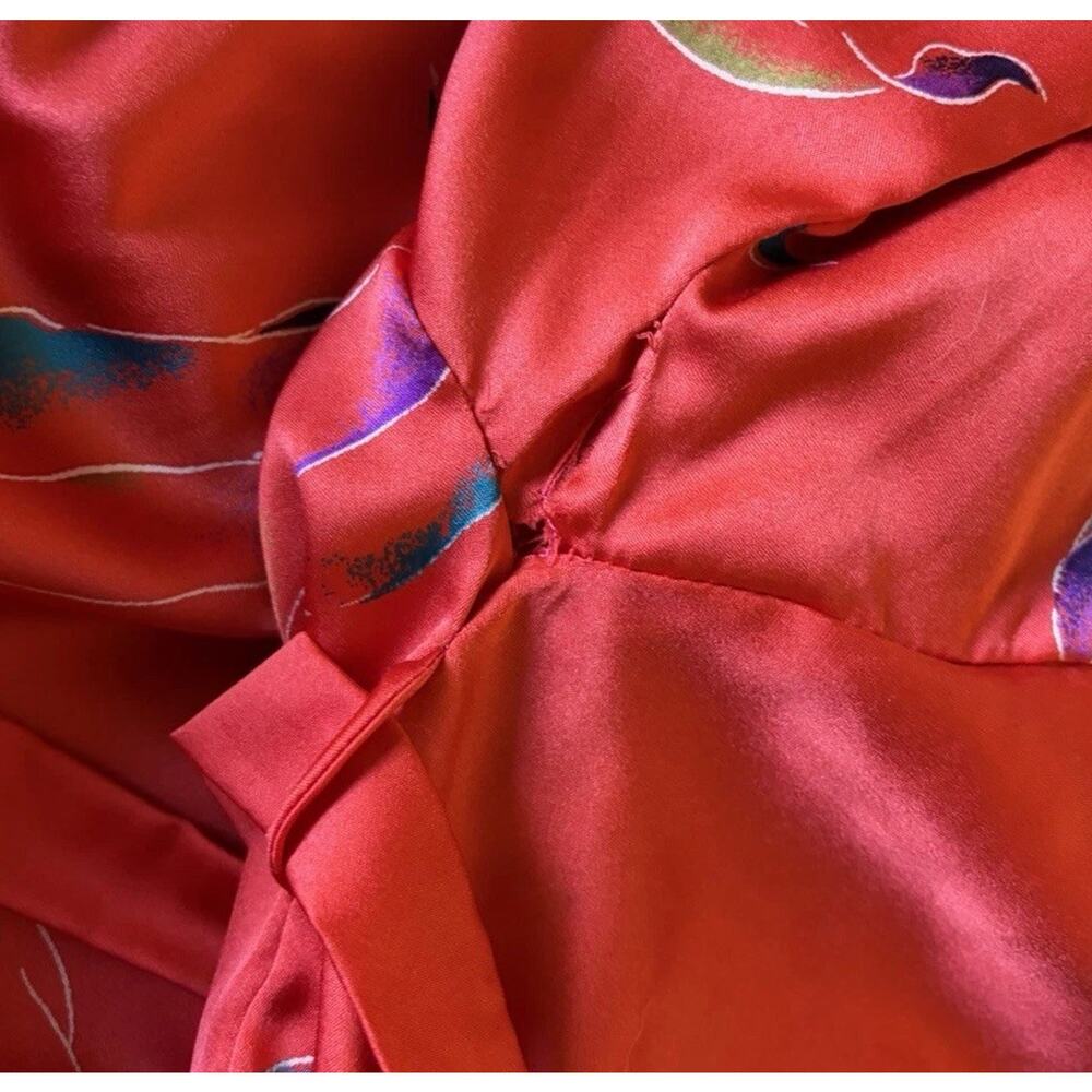 Vintage California Dynasty Style Kimono Robe Belt Red Botanical Satin Size Large - Picture 14 of 14